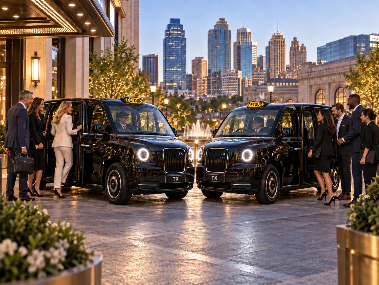 Two of The London Detour's black London taxis with business teams boarding outside a Kansas City hotel at dusk